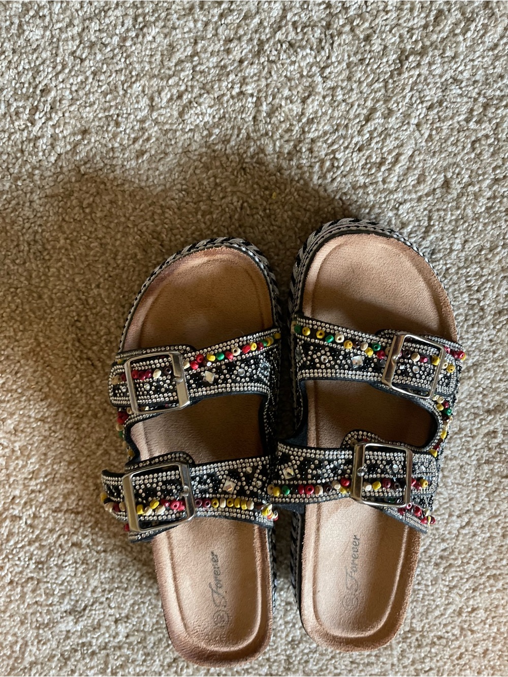 Ladies Beaded Double-Buckle Sandals in Black and Multicolor